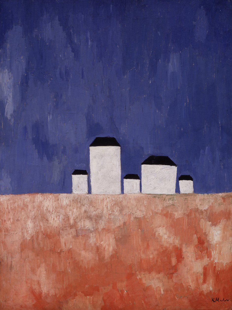 Landskap med fem hus, ca. 1932 av Kazimir Severinovich Malevich