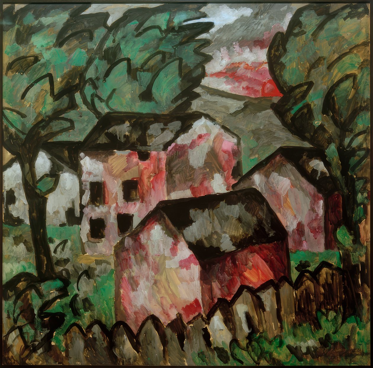 Landskap med tre røde hus av Kazimir Severinovich Malevich