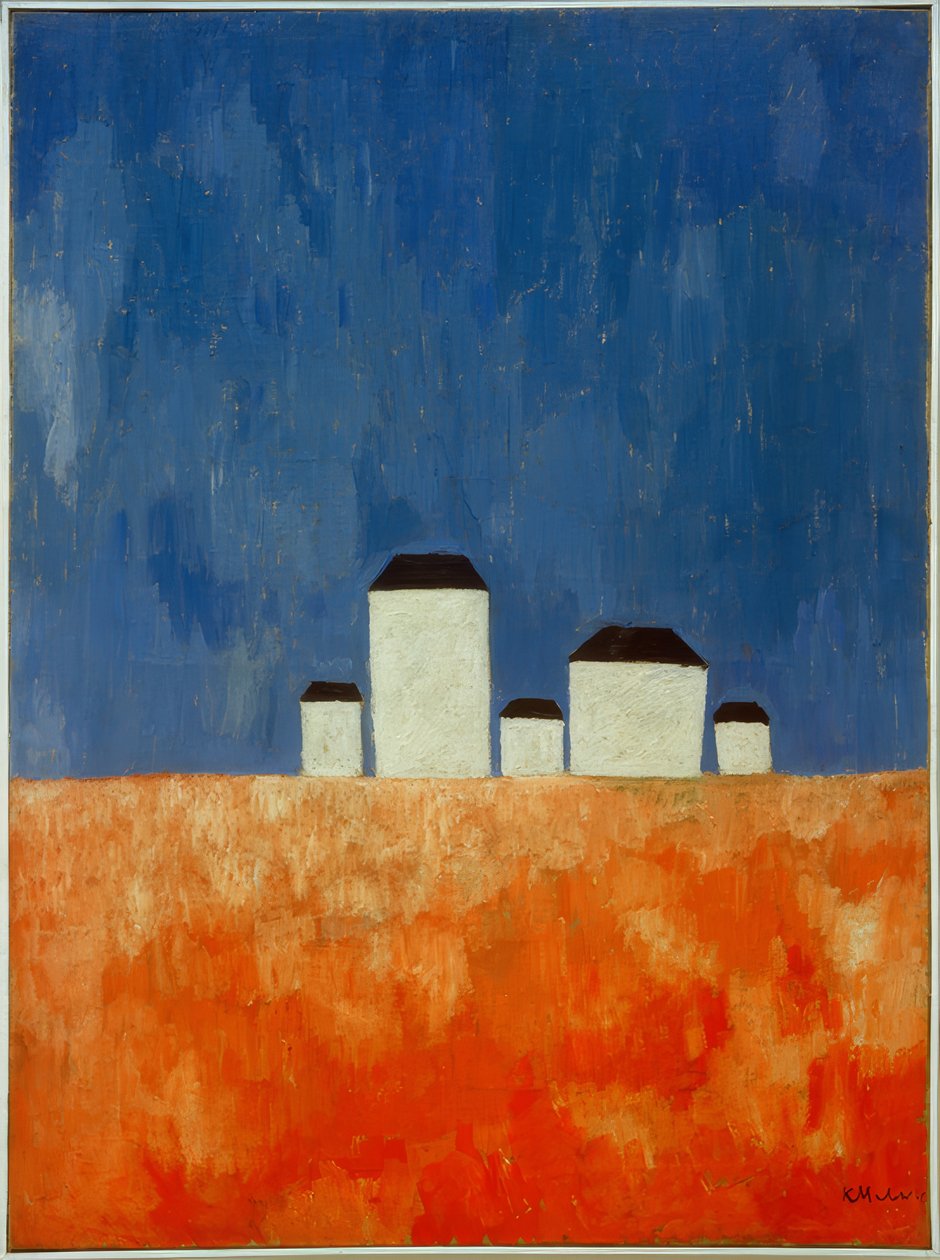 Landskap med fem hus av Kazimir Severinovich Malevich
