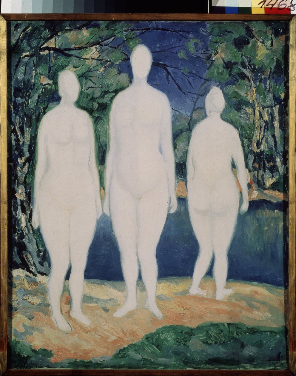 Badegjestene. Tre hvite, nakne figurer som står nær en elv om sommeren. Maleri av Kasimir Severinovich Malevich (Malevich, Malevic) (1878-1935), olje på lerret av Kazimir Severinovich Malevich