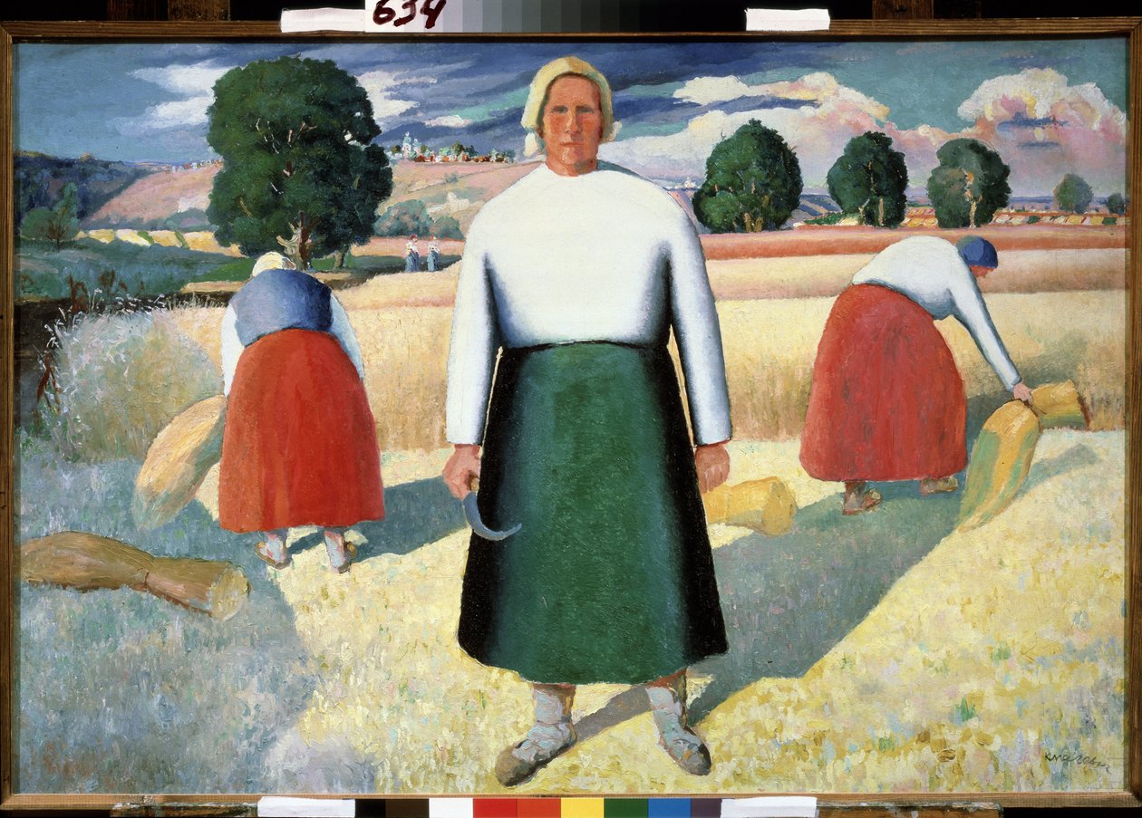 Høstmaskiner. (Reapers). Scene med landbruksarbeid, bøyde kvinner lager kornblokker på åkeren, en stående arbeider holder en liten sigd vendt mot solen. Maleri av Kasimir Severinovich Malevich (Malevich, Malevic) (1878-19 av Kazimir Severinovich Malevich