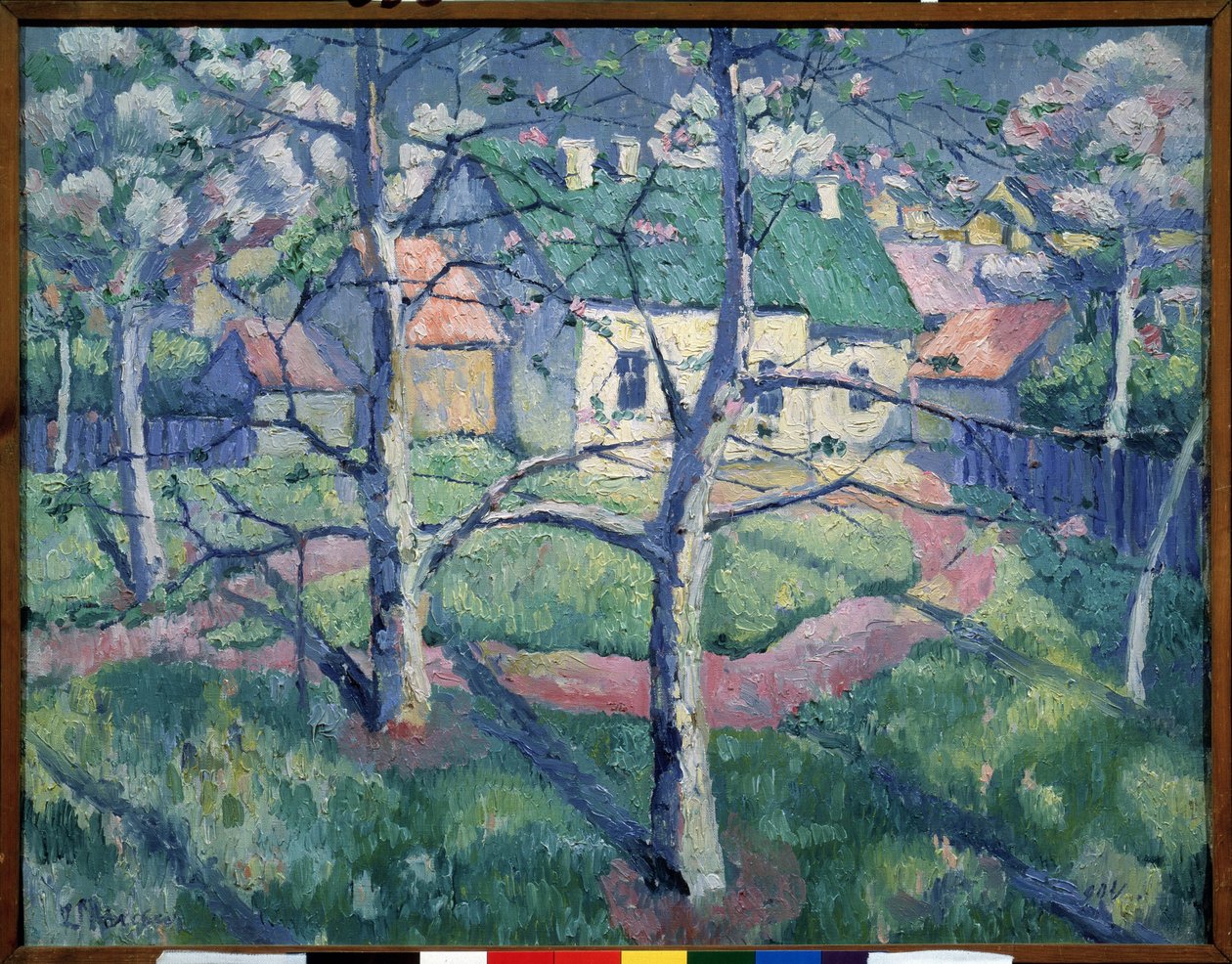 Epletrær som blomstrer. Landskap om sommeren, noen få hus, en sti, trær. Maleri av Kasimir Severinovich Malevich (Malevich, Malevic) (1878-1935), olje på lerret av Kazimir Severinovich Malevich