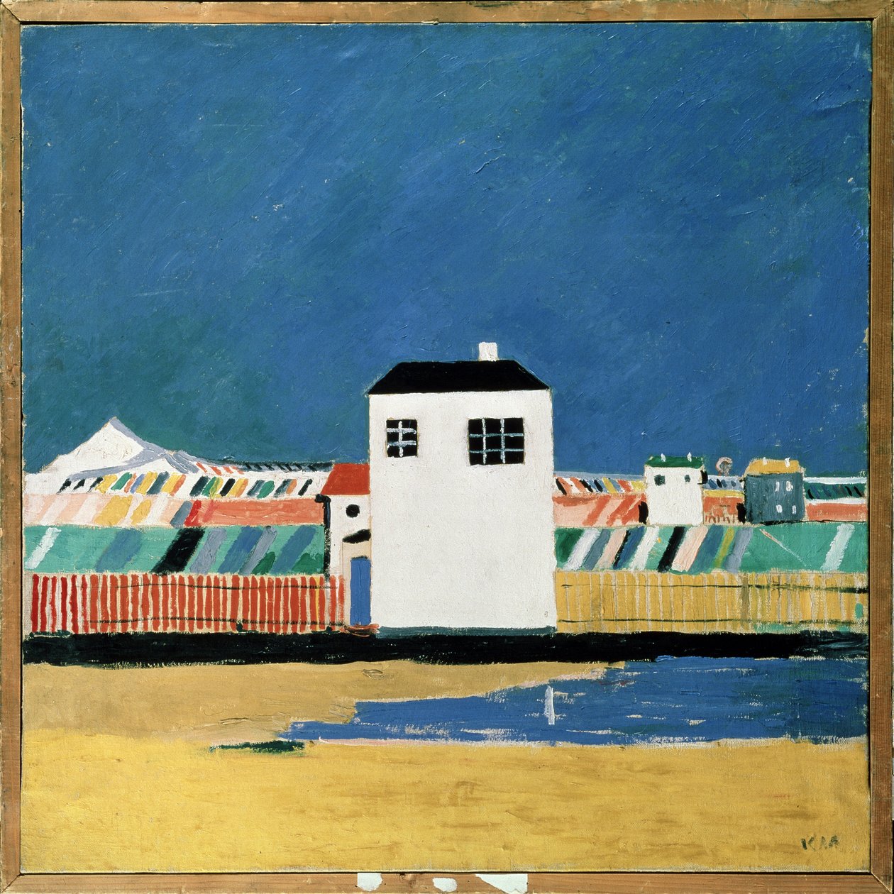 Landskap med et hvitt hus. Maleri av Kasimir Severinovich Malevitch (Malevich, Malevic) (1878-1935), olje på lerret, ca 1930. Russisk kunst, 20. århundre, avantgarde, suprematisme, konstruktivisme. Statens russiske museum, av Kazimir Severinovich Malevich