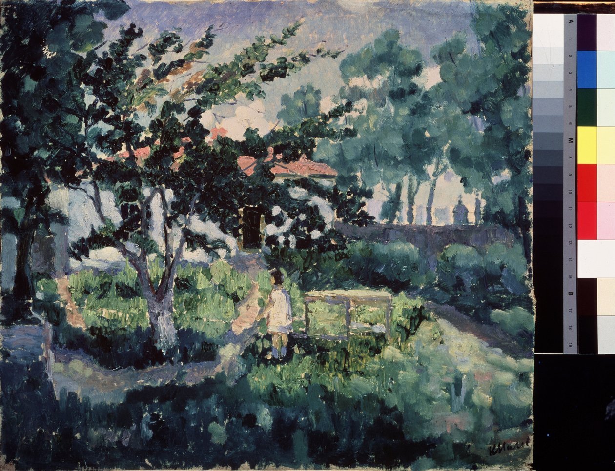 Sommerlandskap. Beskrivelse av hagen til et lite landsted om sommeren, med et barn som nyter sommerferien. Maleri av Kasimir Severinovich Malevich (Malevich, Malevic) (1878-1935), olje på lerret av Kazimir Severinovich Malevich