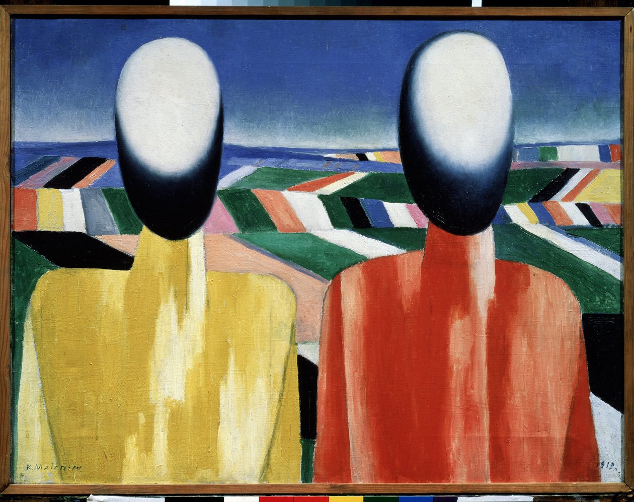 Bønder (Bønder). To ansiktsløse hoder foran et landskap av dyrket mark. Maleri av Kasimir Severinovich Malevitch (Malevich, Malevic) (1878-1935), olje på lerret, rundt 1930. Russisk kunst, avantgarde, 20. århundre, suprematisme. Statlig russisk muse av Kazimir Severinovich Malevich