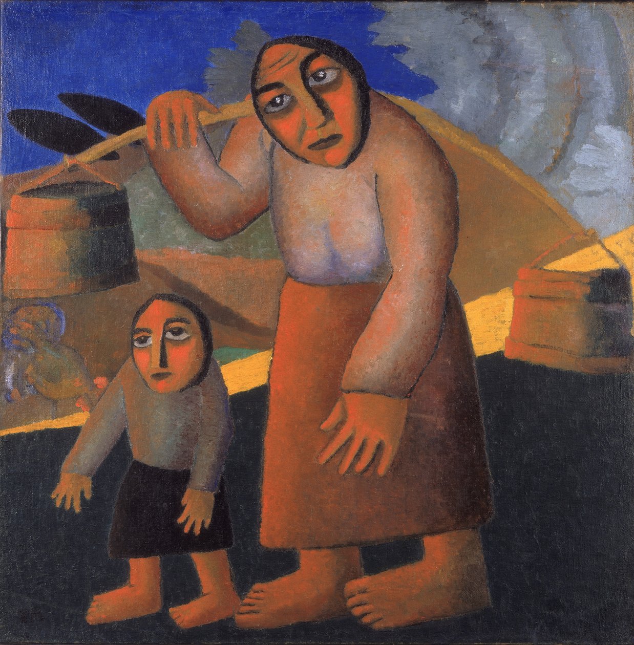 Bondekvinne med bøtter og barn, ca. 1912 av Kazimir Severinovich Malevich