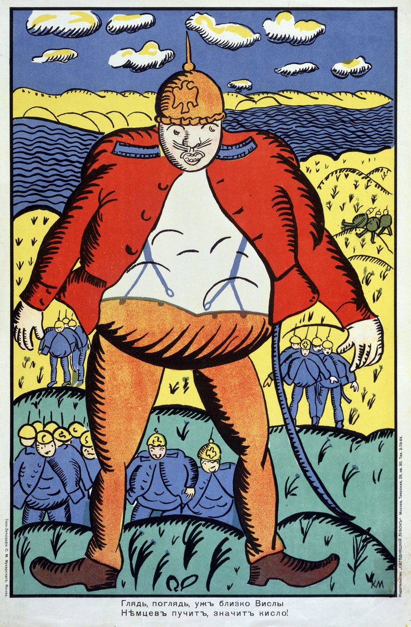 Se, Vistula er ikke langt... (Se, vistula er ikke langt...). Første verdenskrig (1914-1918), en gigantisk tysk soldat med åpen jakke og hjelm med pigg, etterfulgt av resten av troppene hans, i Polen, etter konfrontasjonen. av Kazimir Severinovich Malevich