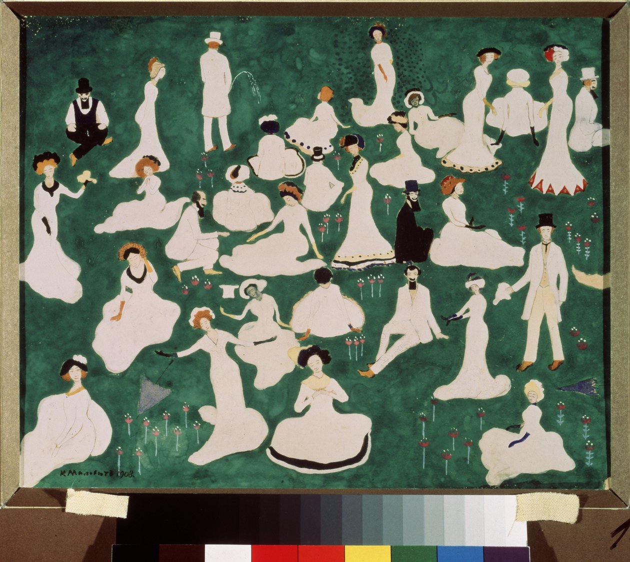 Avslapning. Høyt samfunn i topphatter. (Relaxing. High Society in Top Hats). Scene med moro og avslapning på plenen i en park. Verk av Kasimir Severinovich Malevitch (Malevich, Malevic) (1878-1935), akvarell, gouache og blekk på av Kazimir Severinovich Malevich