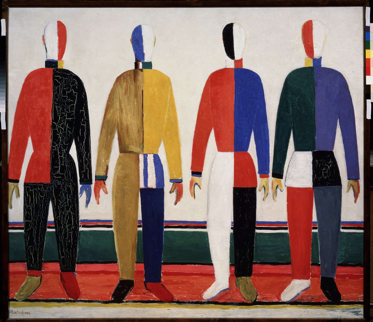 Idrettsmenn. Fire menn i fargerike sportsklær. Maleri av Kasimir Severinovich Malevich (Malevich, Malevic) (1878-1935), olje på lerret av Kazimir Severinovich Malevich