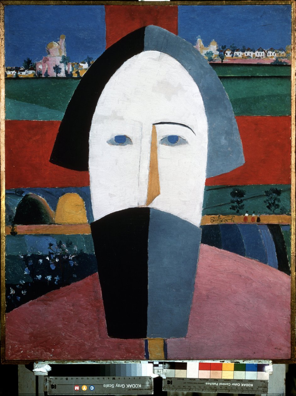 Head of a Peasant (Head of a Peasant). Maleri av Kasimir Severinovich Malevitch (Malevich, Malevic) (1878-1935), olje på tre av Kazimir Severinovich Malevich