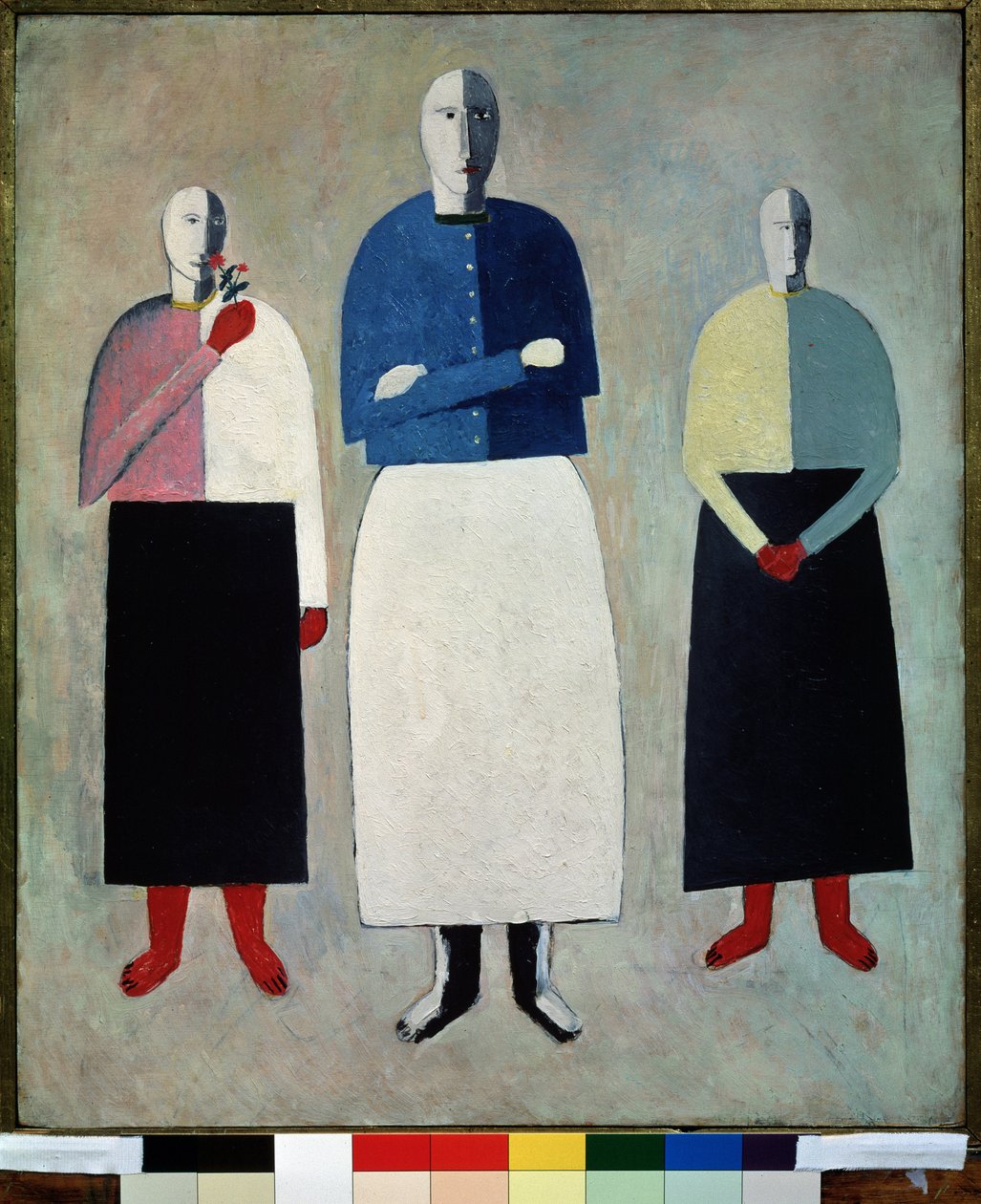 Tre kvinner (tre jenter). De tre har skallet hode, kledd i et rett skjørt og en knappet vest. Maleri av Kasimir Severinovich Malevitch (Malevich, Malevic) (1878-1935), olje på tre av Kazimir Severinovich Malevich
