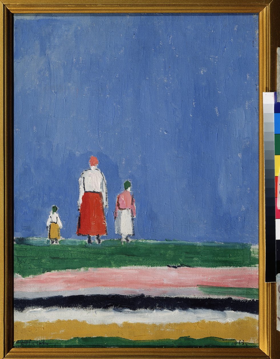 Tre figurer (tre figurer). En mor med to barn, representert bakfra. Maleri av Kasimir Severinovich Malevitch (Malevich, Malevic) (1878-1935), olje på lerret 1913 eller etter 1927. Russisk kunst, 20. århundres avantgarde, suprematisme. Samling s av Kazimir Severinovich Malevich