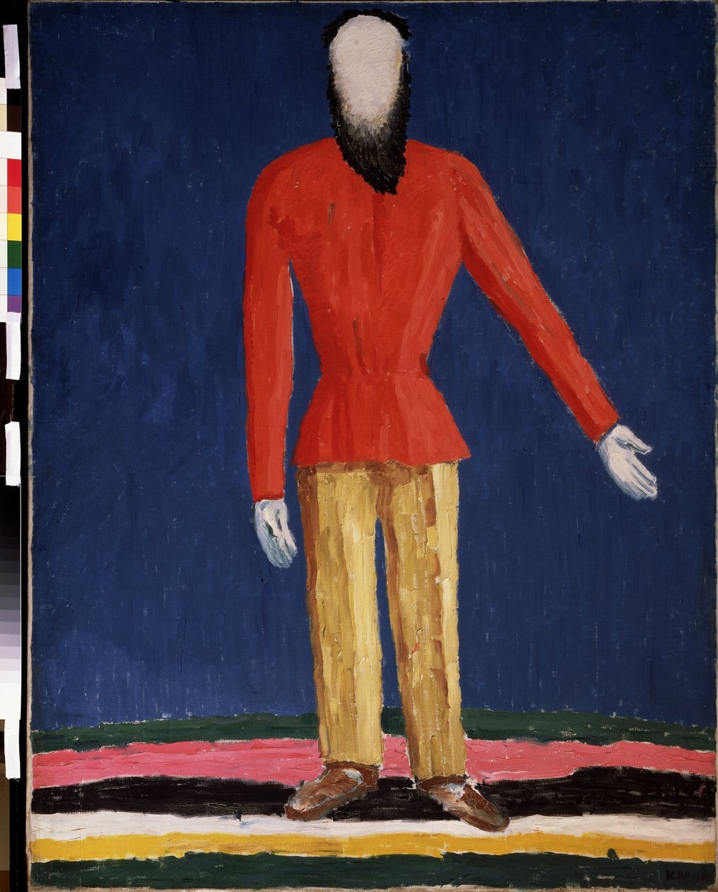 A Peasant (A Peasant). Representasjon av en skjeggete mann med en rød skjorte). Maleri av Kasimir Severinovich Malevich (Malevich, Malevic) (1878-1935), olje på lerret av Kazimir Severinovich Malevich
