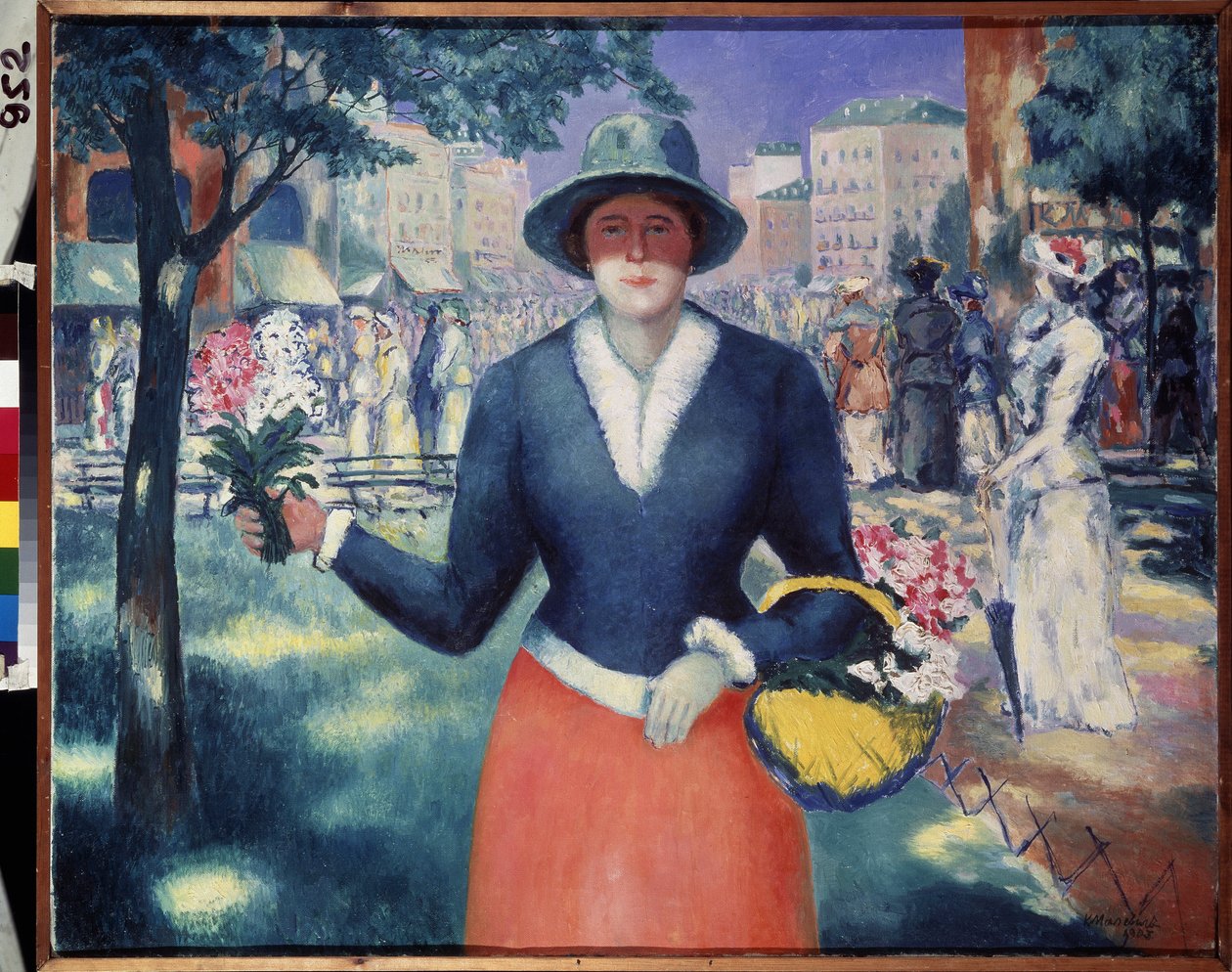 En blomsterjente. Sommerscene, folkevandringer i en offentlig park midt i byen, portrett av en blomsterselger. Maleri av Kasimir Severinovich Malevich (Malevich, Malevic) (1878-1935), olje på lerret av Kazimir Severinovich Malevich