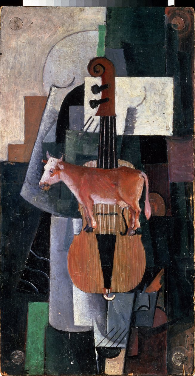 Ku og fiolin (Ku og fiolin). Maleri av Kasimir Severinovich Malevitch (Malevich, Malevic) (1878-1935), olje på tre av Kazimir Severinovich Malevich