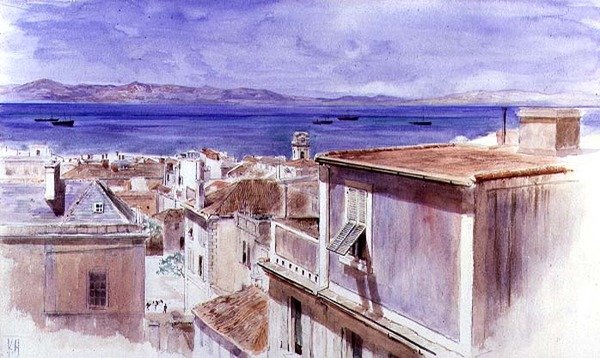 Gibraltar med Spanias kyst utenfor (akvarell) av Keeley Halswelle