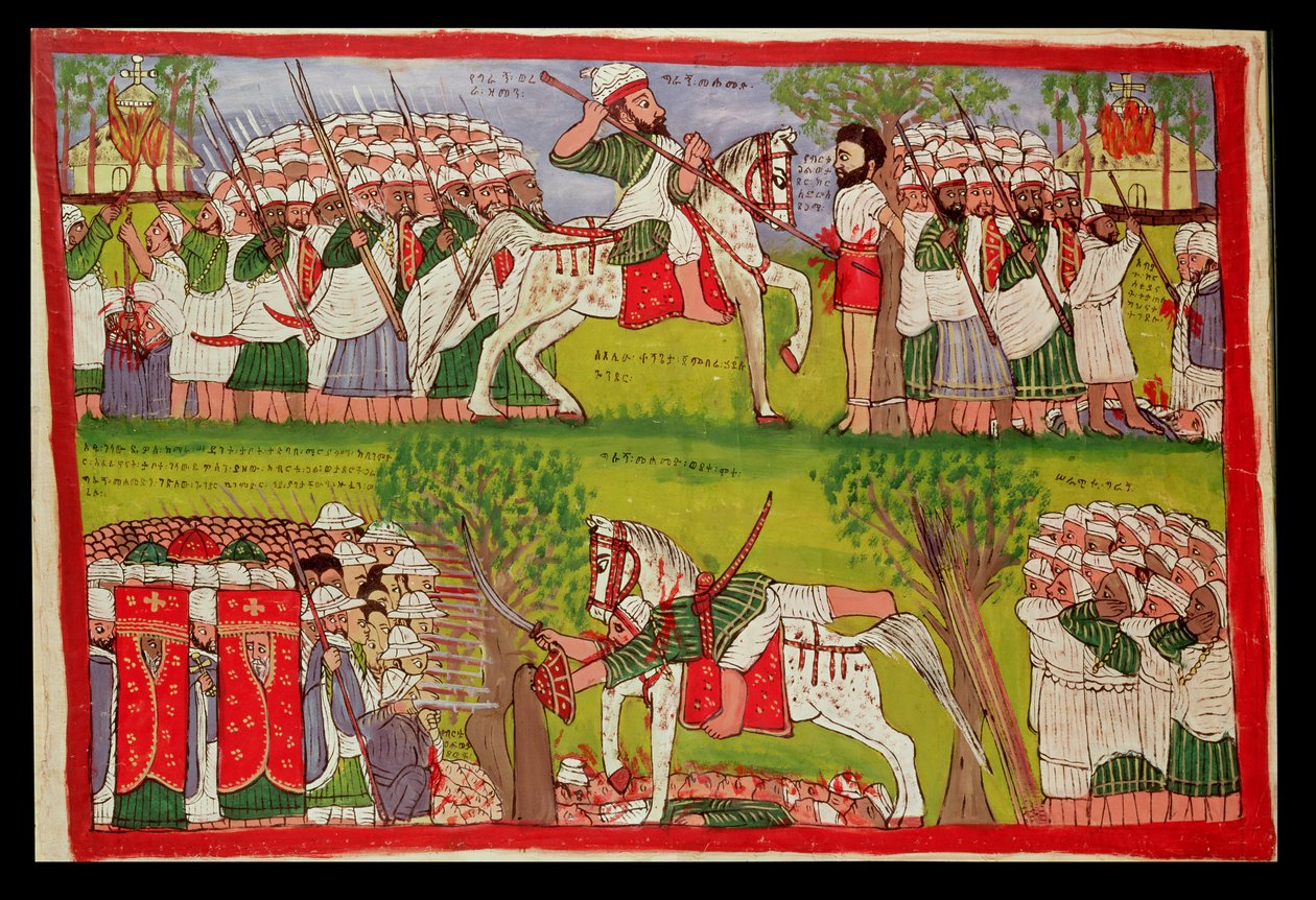 Muslimers brenning av kirker og Cristobal de Gamas død og Ahmed ibn Ibrahim al-Ghazis fall og død (1506-43) Skutt av en portugisisk musketer, ca. 1900 (olje på lerret) av Kegneketa Jemlieri Hailu of Gondar