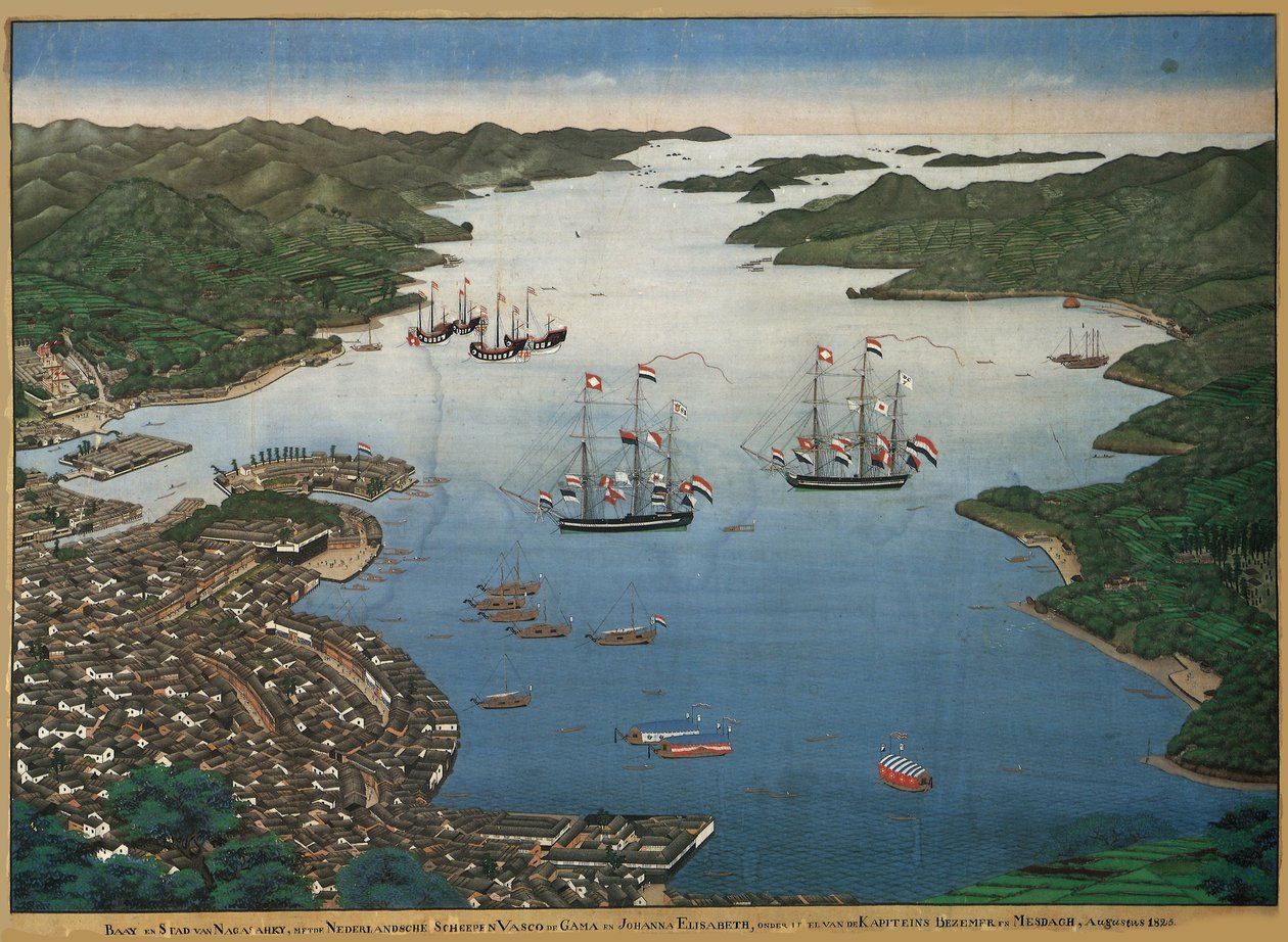 Øya Deshima i Nagasaki-bukten med skipene Vasco da Gama og Johanna..., ca 1825. av Keiga Kawahara