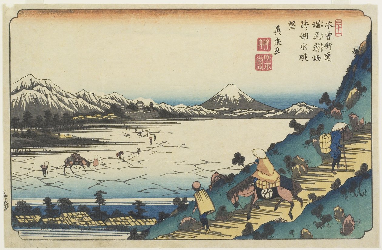 Nr.31: Utsikt over Lake Suwa sett fra Shiojiri Pass, 1835-1836 av Keisai Eisen