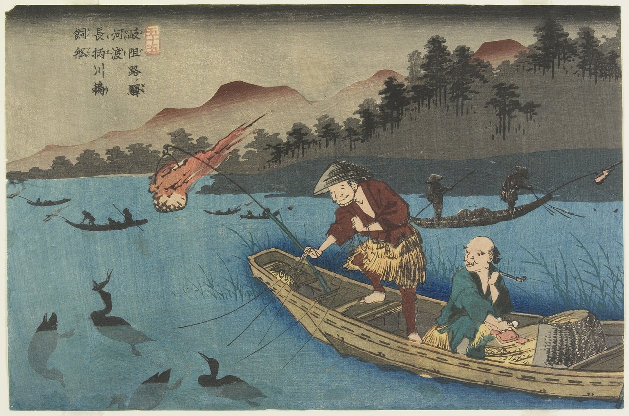 No.55 Cormorant Fishing Boat ved Nagae River nær Ko_to Station, 1830-1844 av Keisai Eisen
