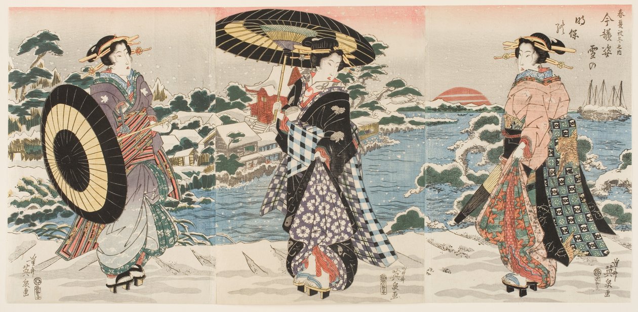 Moderne figurer ved daggry på en snørik dag (Imayō sugata yuki no akebono) av Keisai (1790 1848) Eisen