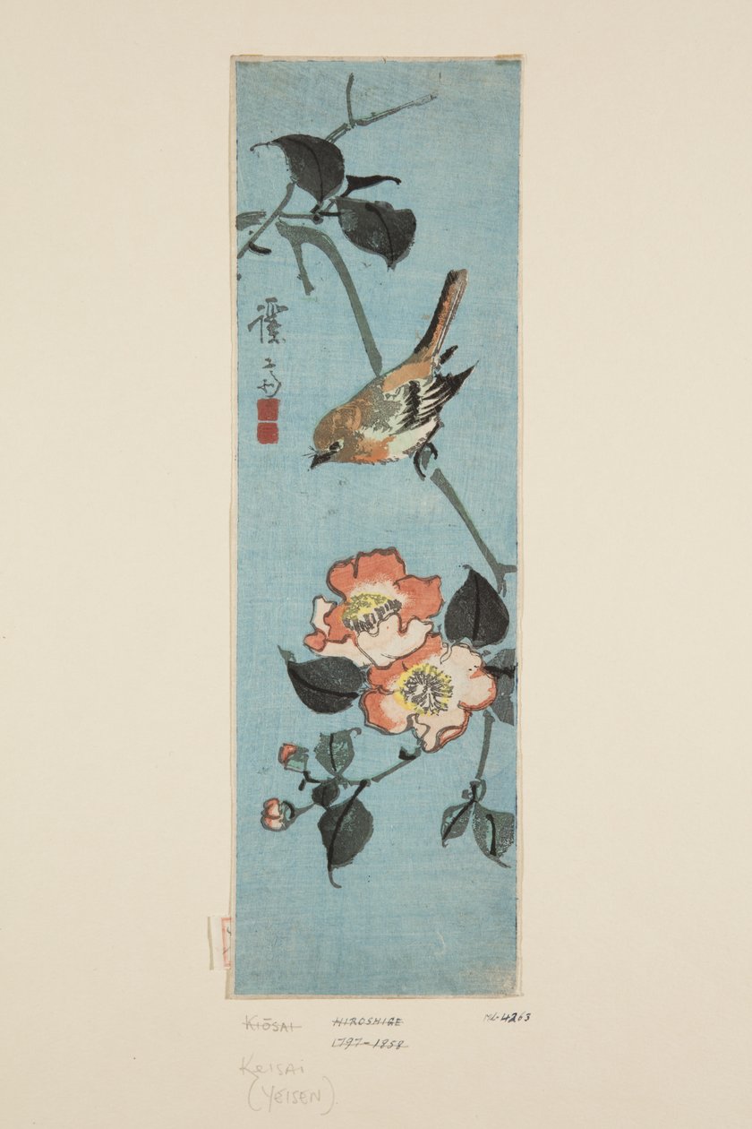 Sparrow and Camellia (farget treblokktrykk) av Keisai Eisen