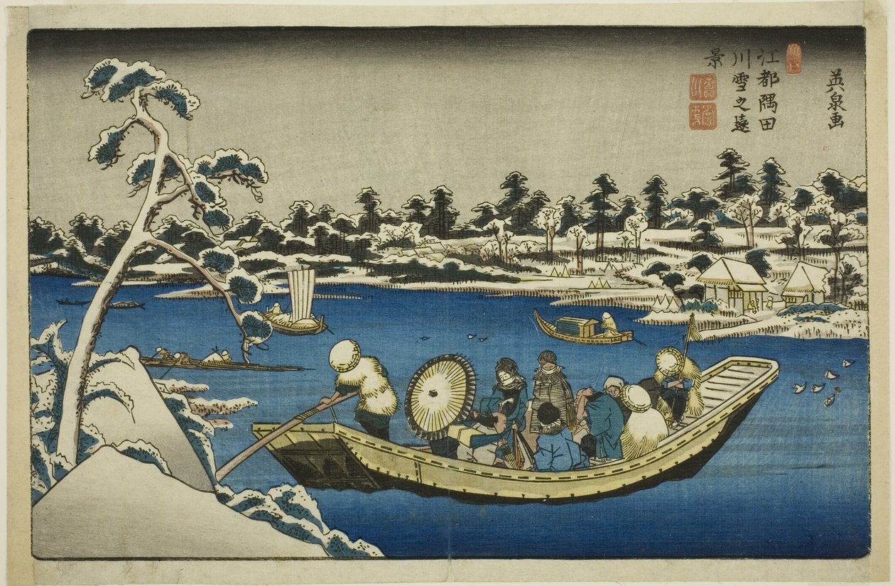 Fjern utsikt over snø på Sumida-elven i Edo av Keisai Eisen