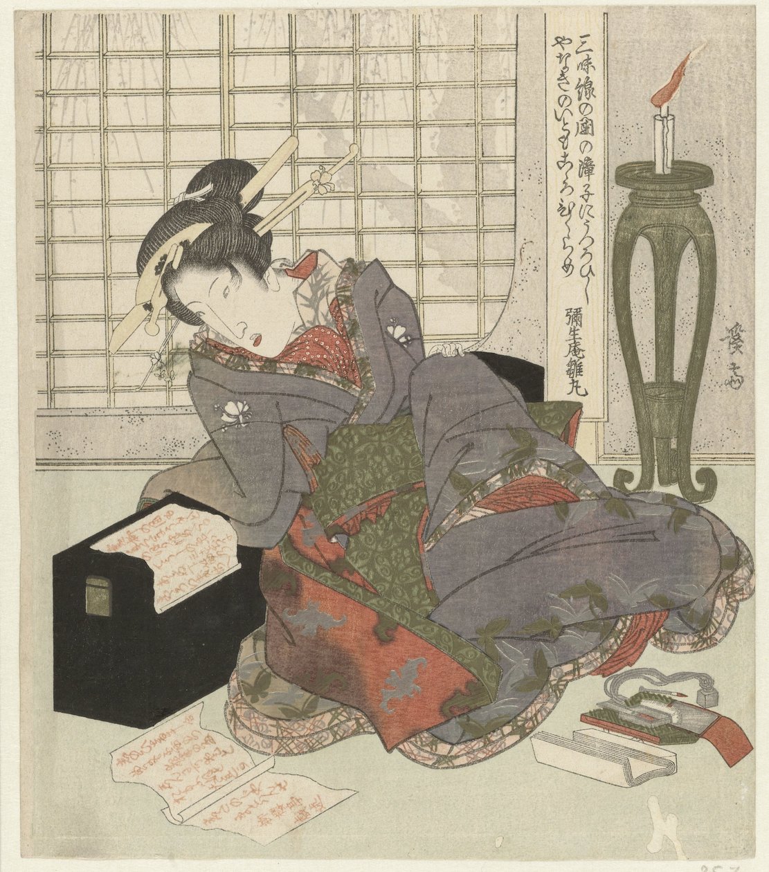 En geisha lener seg på shamisens boks av Keisai Eisen