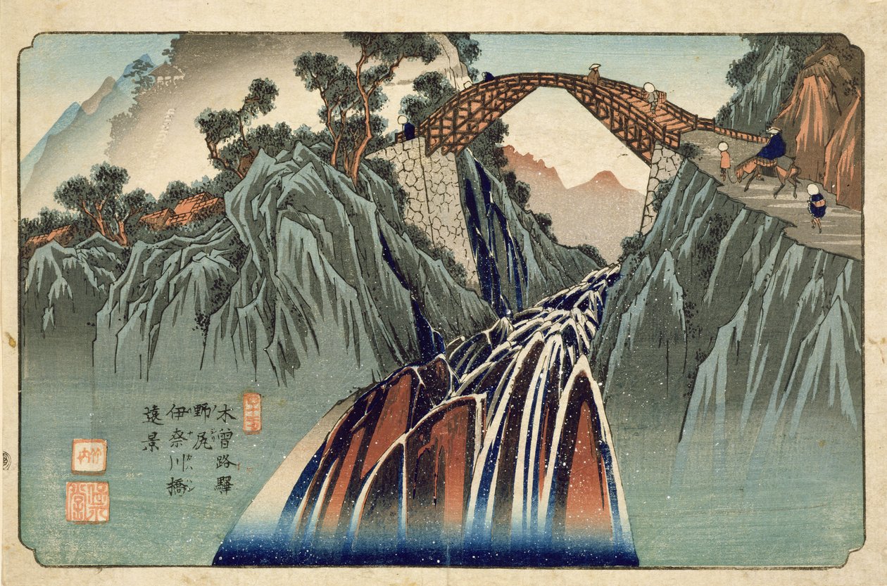 Inagawa b Ri d Gea t Nojiri (Nojiri Inagawa Bridge sirkel) Fu b. av Whey Proposal d Curse Degree, 1830-tallet av Keisai Eisen