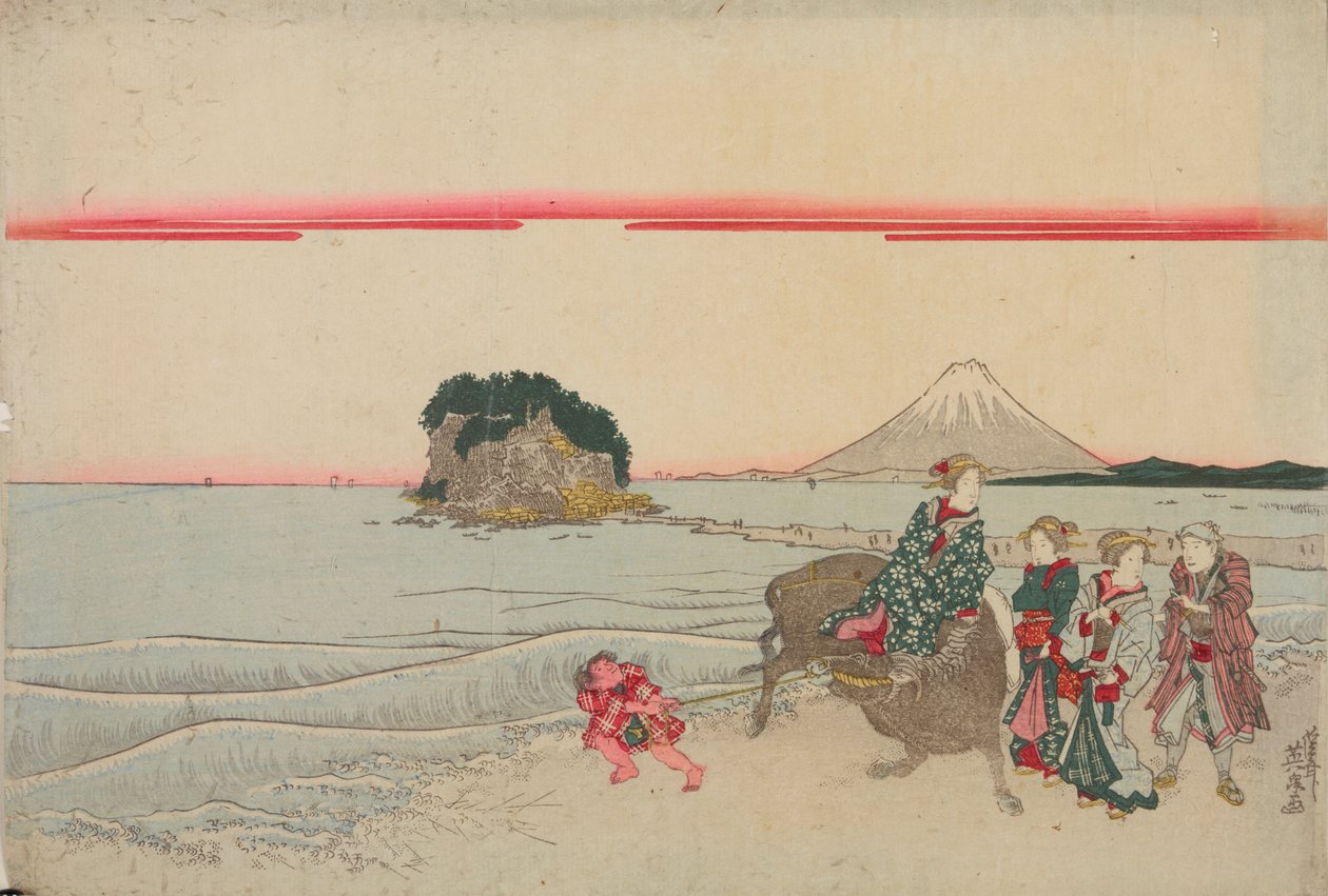Kvinne på en bøffel, barn og tre forbipasserende ved havet med øya Enoshima i bakgrunnen av Keisai Eisen