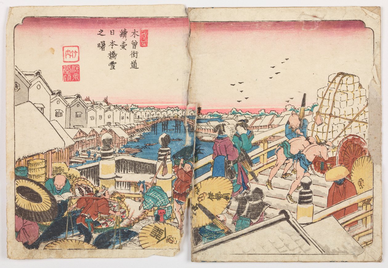 Nihonbashi-broen en snørik morgen, blad 1 fra serien: Kisokaido-veien / Kisokaido rokujuku zugi av Keisai Eisen