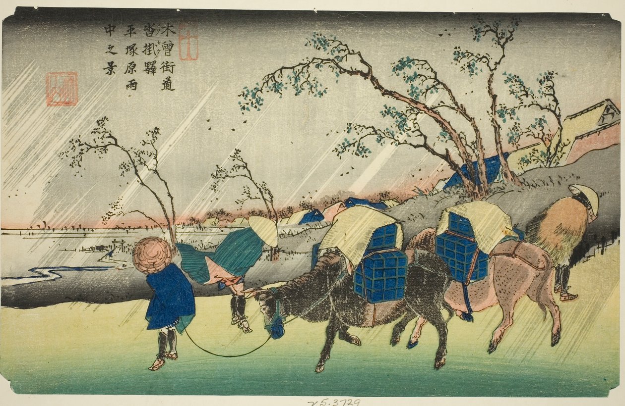 Nr. 20: Regn på Hiratsuka-sletten nær Kutsukake Station (Niju: Kutsukake no eki, Hiratsukahara uchu no kei), fra serien "[Sixty-nine Stations of the] Kisokaido" av Keisai Eisen