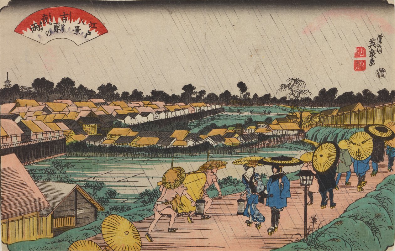 Nattregn i Yoshiwara / Yoshiwara-no yoru-no ame, fra serien: Åtte utsikter over Edo / Edo hakkei av Keisai Eisen