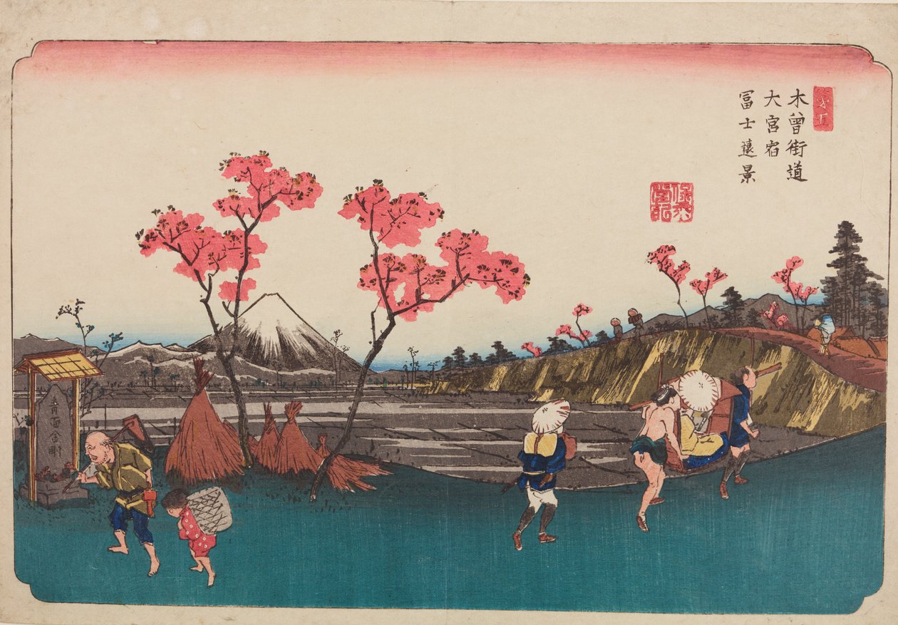 Ōmiya, rosa trær ved veien, tavle 5 fra serien: Sekstini stasjoner langs Kisokaidō-veien / Kisokaidō rokujukyū tsugi-no uchi av Keisai Eisen