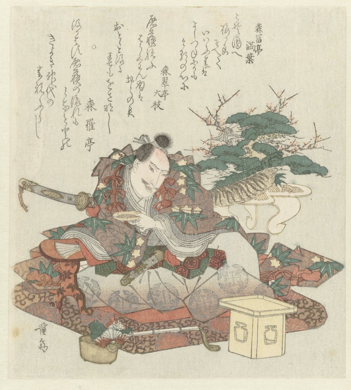 Samurai med sakebolle i hånden av Keisai Eisen