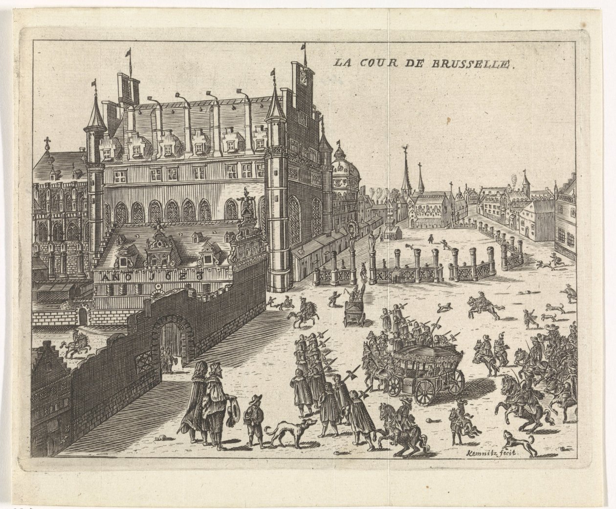 Utsikt over domstolen i Brussel, 1673. La cour de Brusselle (tittel på objekt) av Kemnitz