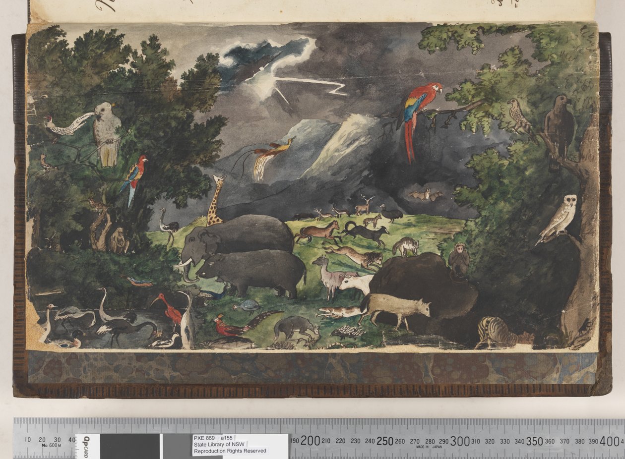 Frontispice: Uten tittel, Peaceable Kingdom, landskap med fugler og dyr av Kenelm Henry Digby