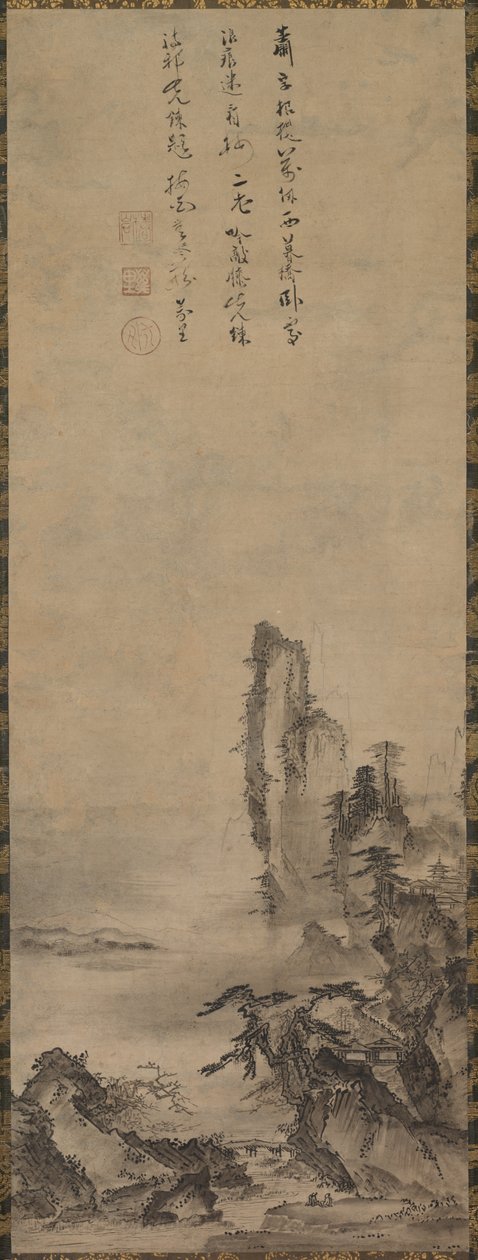 Ensomt tempel og ruvende klippe, ca. 1480. av Kenkō Shōkei