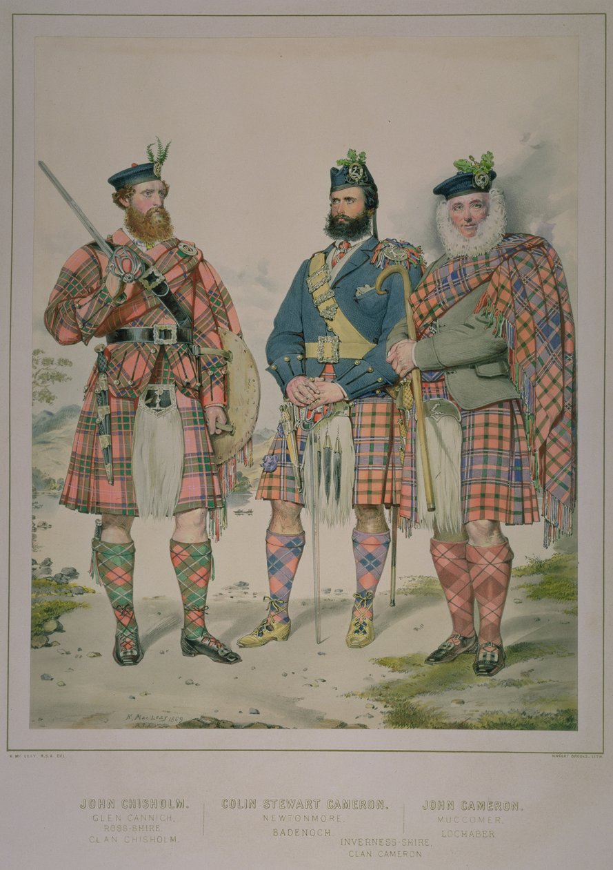 Trippelportrett av John Chisholm, Colin Stewart Cameron og John Cameron, menn fra Clan Chisholm og Clan Cameron, publisert i The Highlander of Scotland fra 1870, 1869 (wc og blekk på papir) av Kenneth Macleay