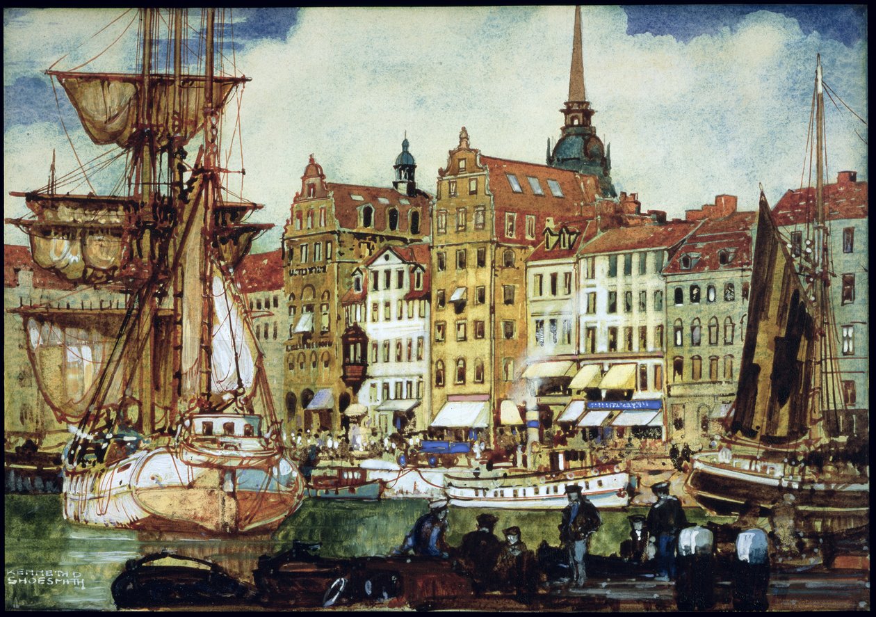 Utsikt over Stockholm, ca. 1920-tallet (penn og blekk og wc på papir lagt om bord) av Kenneth Shoesmith