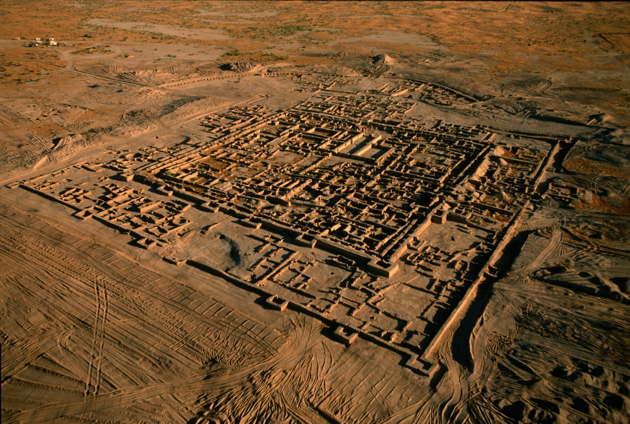 Luftfoto av Gonur, et viktig senter for Oxus-kulturen, en muromkranset koloni med en sentral by ..., 2004 (bilde) av Kenneth Garrett