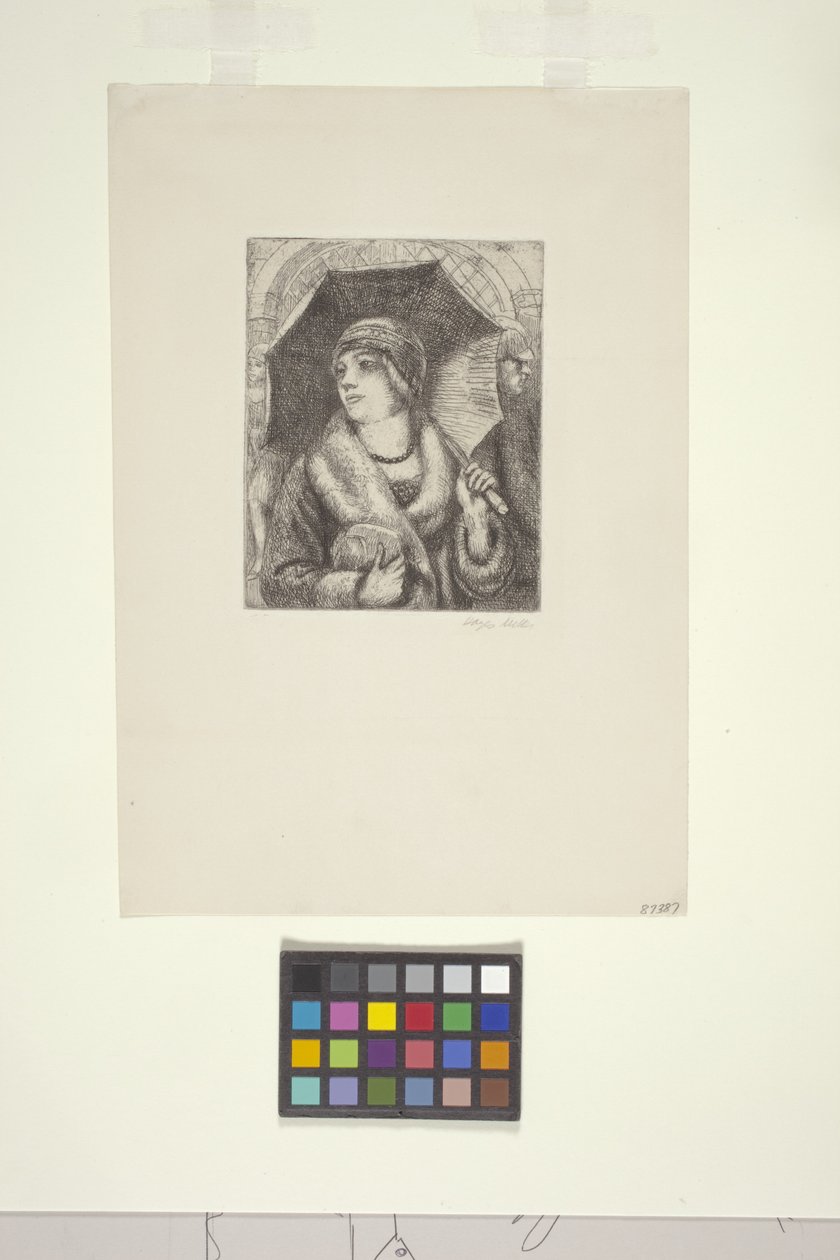 Shopper med paraply (etsing) av Kenneth Hayes Miller