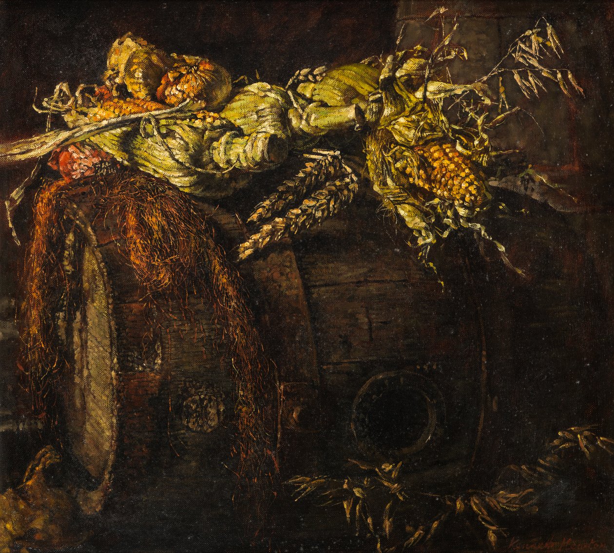 Old Barrel and Cobs of Corn (olje på lerret) av Kenneth Newton