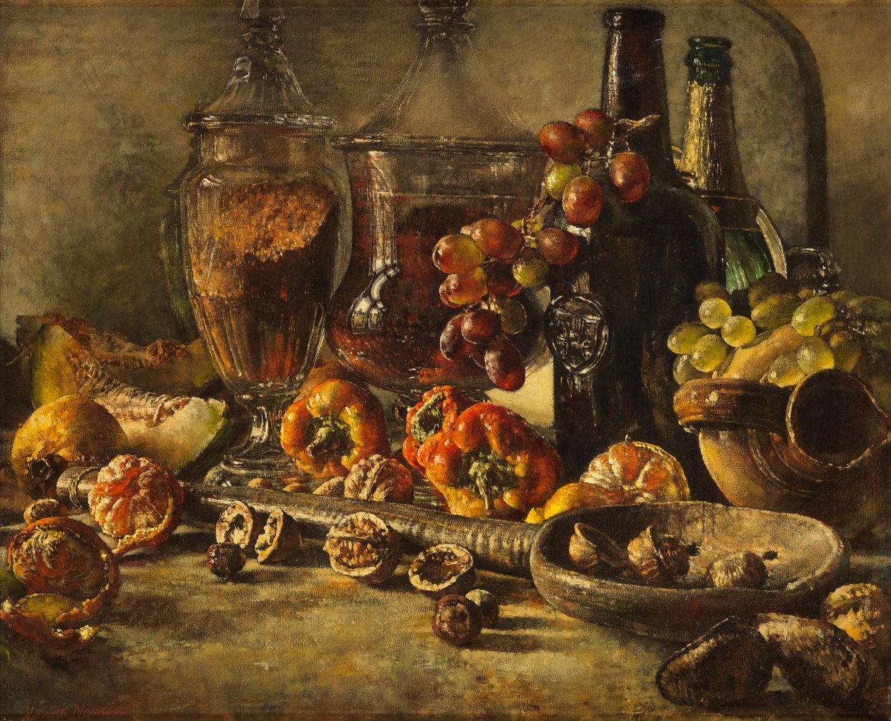 Stilleben med frukt, nøtter og flasker (olje på lerret) av Kenneth Newton