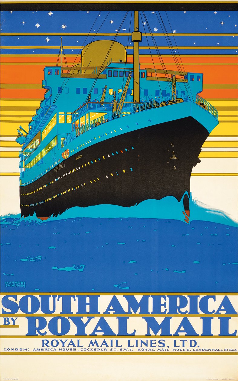 Plakat som reklamerer for Sør-Amerika av Royal Mail Lines (fargelitografi) av Kenneth Shoesmith