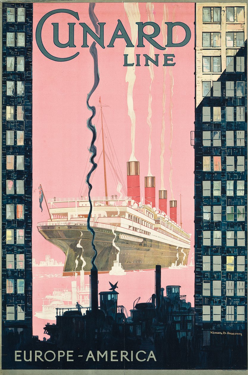 Plakatreklamereiser fra Europa til Amerika med rederiet Cunard Line, ca. 1925 (fargelitografi) av Kenneth Shoesmith