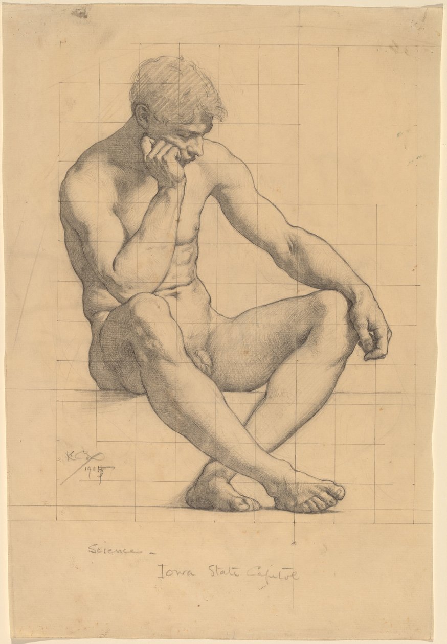 Sittende mann naken: Studie for "Science" - Iowa State Capitol av Kenyon Cox