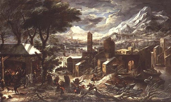 Et omfattende alpint vinterlandskap av Kerstiaen de (circle of) Koninck