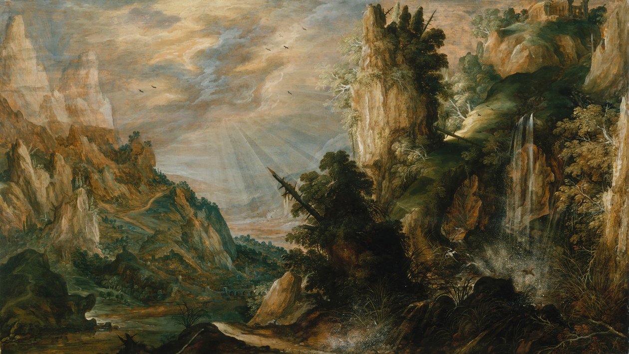 Et fjelllandskap med en foss, ca. 1600. av Kerstiaen de Keuninck