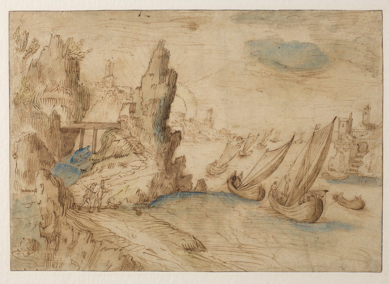 Imaginær kystscene med fiskefartøy, 1575-1633 av Kerstiaen de Keuninck